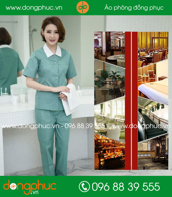 Đồng phục vệ sinh màu xanh đậm cổ trắng
